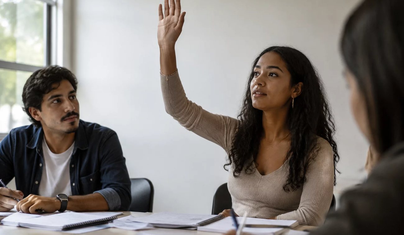 Duas pessoas preparando a próxima rodada com caderno e marca-texto na mão